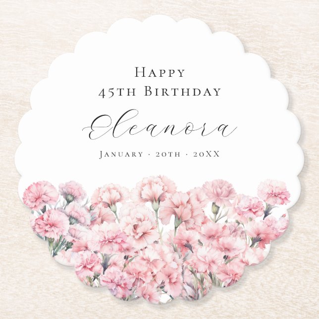 45th Birthday Pink Carnation January Birth Flower Underlägg Papper (Framsida)