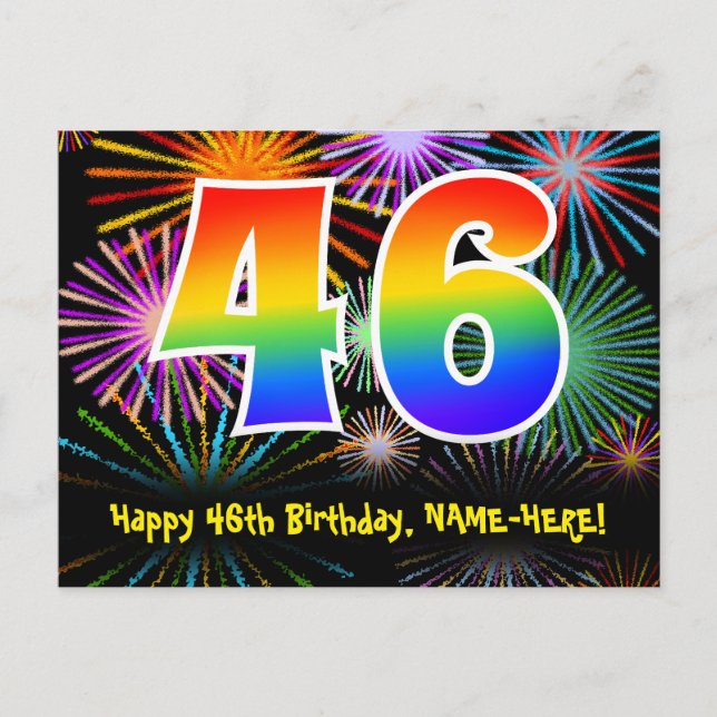 46-årsdag – Roligt fyrverkerimönster + Regnbåge 46 Vykort (Framsida)