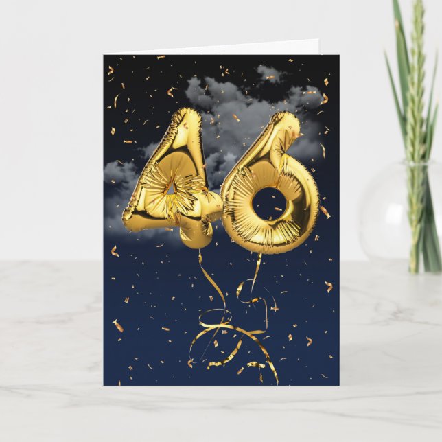 46:e födelsedag Guld Mylar Balloon and Confetti Ca Kort (Framsida)