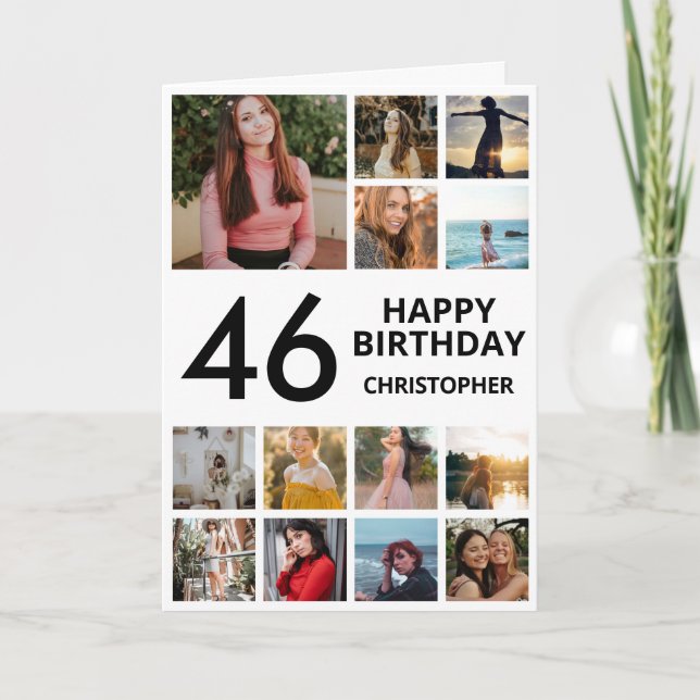 46:e födelsedag Photo Collage 13 Photos Black Whit Kort (Framsida)