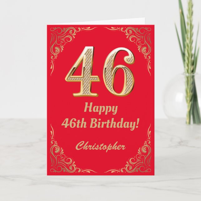 46:e födelsedag Röda och Guld Glitter Ram Kort (Framsida)