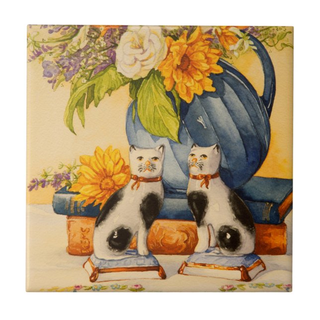 4776 porslinkatter med blåttkannan kakelplatta (Framsidan)