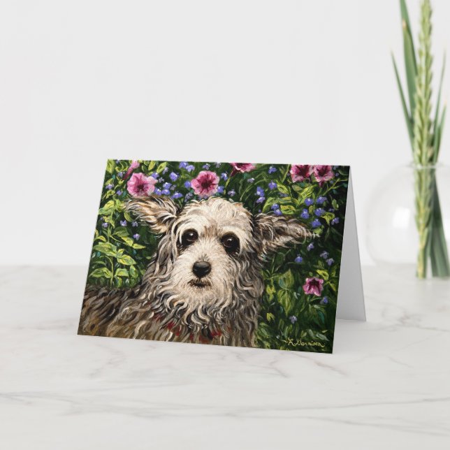 4796b Hund & Petunias Folk Art Birthday Card Kort (Framsida)