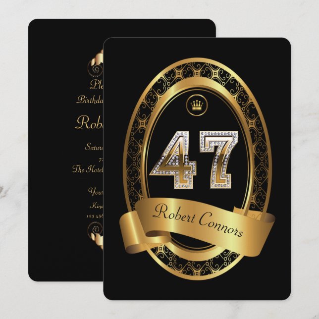 47:e, födelsedagsfest kvinnlig man,elegant färg inbjudningar (Fram/baksida)