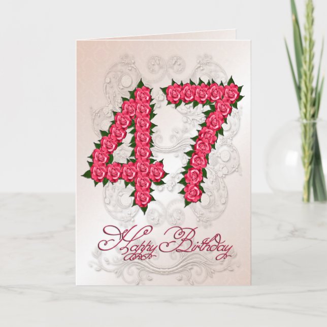 47th birthday card with roses and leaves kort (Framsida)