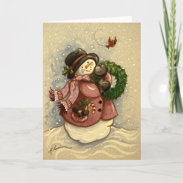 4886 Snögubbe krandkardinal jul Helgkort (Framsida)