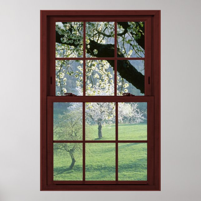 48x32 Frosted Glass Cherry Wood Faux Window Poster (Framsidan)