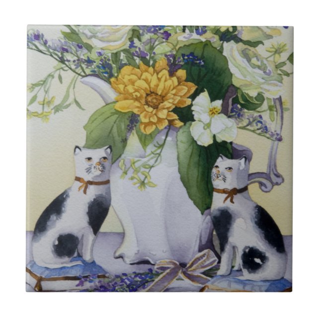 4930 Blommigt och prekliniska katter Kakelplatta (Framsidan)