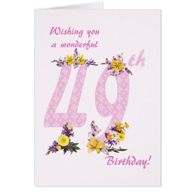 49: e födelsedagen: blomdekorerat tal hälsningskort (Framsidan)