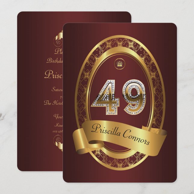 49:e, födelsedagsfest kvinnlig man,elegant färg inbjudningar (Fram/baksida)