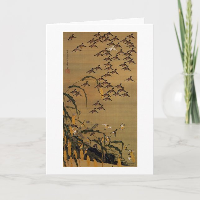4. 秋塘群雀図 若冲flock av Sparrows, Jakuchū Kort (Framsida)