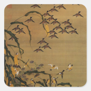 4. 秋 塘 群 雀 図, 若 Sparrows Flock, Jakuchū Fyrkantigt Klistermärke