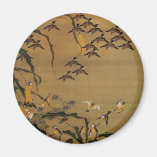 4. 秋 塘 群 雀 図, 若 Sparrows Flock, Jakuchū Magnet
