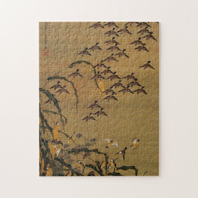 4. 秋 塘 群 雀 図, 若 Sparrows Flock, Jakuchū Pussel (Vertikal)