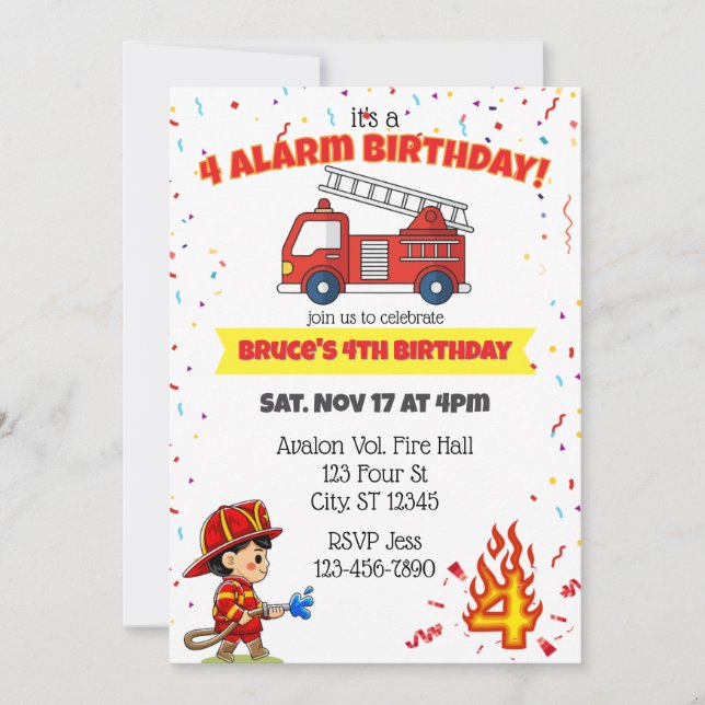 4 Alarm Fire Fighter 4th Birthday Inbjudningar (Framsida)