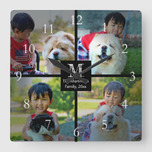 4 Anpassad fotosamling med Monogram Fyrkantig Klocka