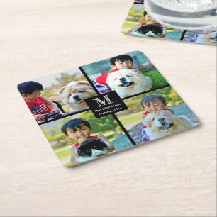 4 Anpassad fotosamling med Monogram Underlägg Papper Kvadrat