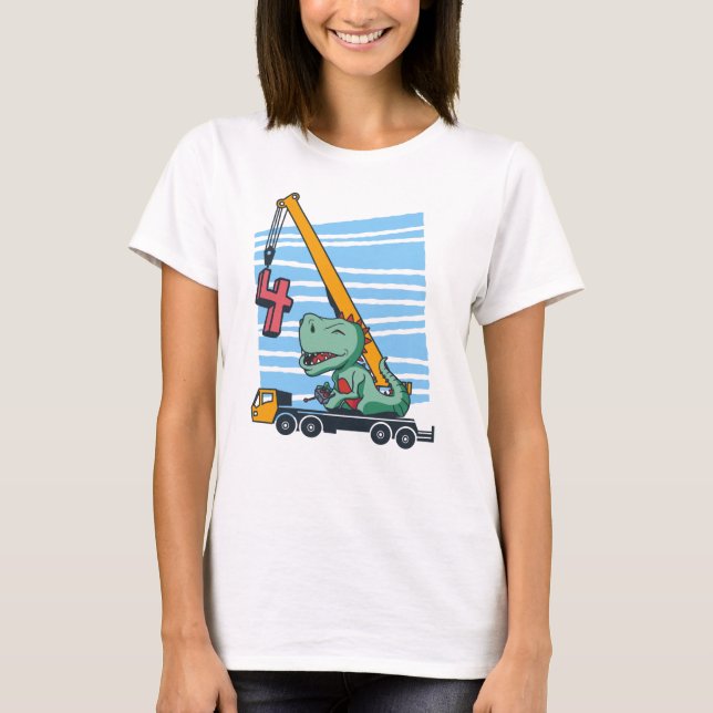 4 år 4-års födelsedagsmobilkran Dinosaurie T Shirt (Framsida)