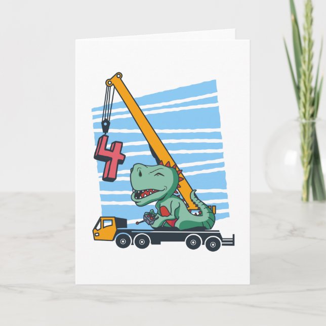 4 år 4e födelsedagen Mobile Crane Dinosaur Kort (Framsida)