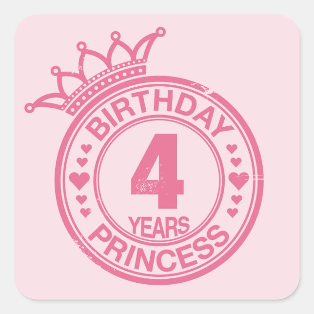 4 år - födelsedagsprinsessan - rosa fyrkantigt klistermärke (Framsida)