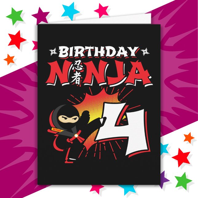 4 år gammal Tecknad Bok Stil Ninja 4e födelsedagen Kort (Skapare uppladdad)