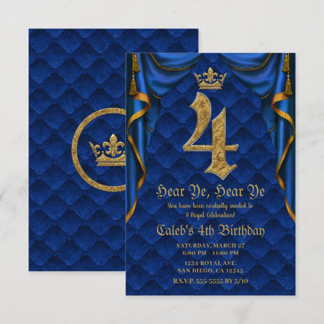 4-ÅRS 4 FYRA Födelsedagsfest Royal Blå Guld Krona Inbjudningar (Fram/baksida)