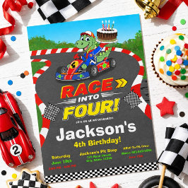 4-års födelsedags dinosaurie Racingbil Redo Set In Inbjudningar