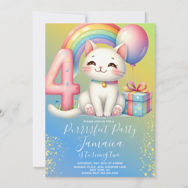 4-års födelsedags kitten regnbågsfest inbjudningar (Framsida)