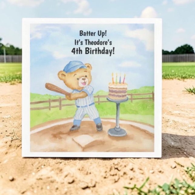 4-års födelsedags Tee Ball Teddybjörn Baseball Pappersservett (Skapare uppladdad)