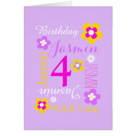 4-års födelsedagsblomma anpassad grafik lila rosa hälsningskort