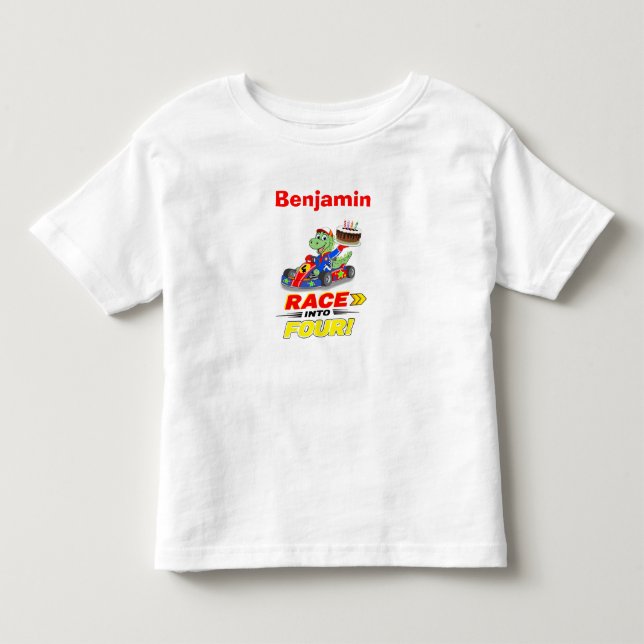  4-års födelsedagsdinosaurie Racerbils Klar Färdig T Shirt (Framsida)