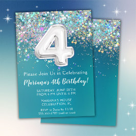 4-års födelsedagsinbjudan Teal Silver Glitter Inbjudningar