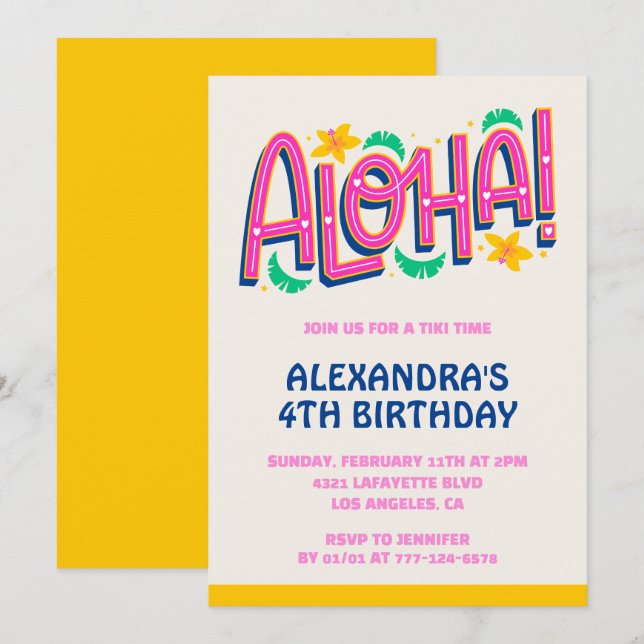 4-års födelsedagsinbjudningar Tropical Aloha Hawai Inbjudningar (Fram/baksida)