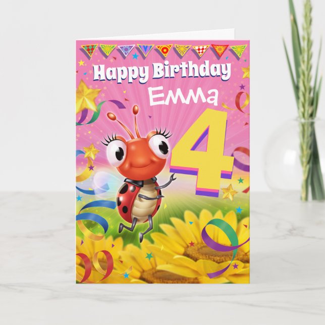 4 års födelsedagskort Little Ladybug range Anpassn Kort (Framsida)