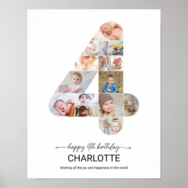 4-års födelsedagsnummer 4 fotokollage med eget fot poster (Framsidan)