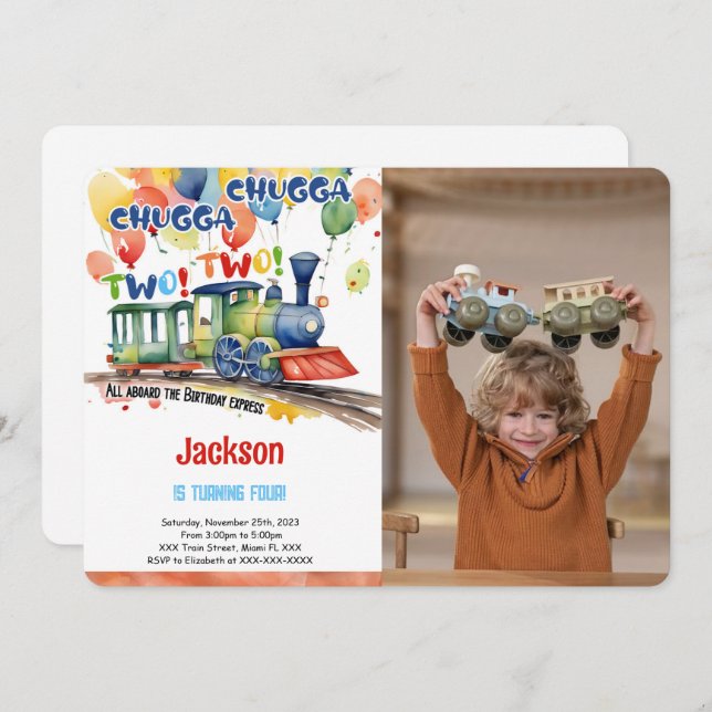 4-års födelsedagståg fest foto inbjudningar (Fram/baksida)