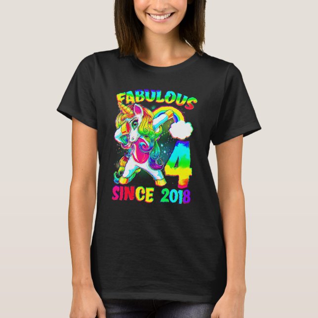4 års gammal 4e födelsedagen Unicorn Girl Fabulous T Shirt (Framsida)