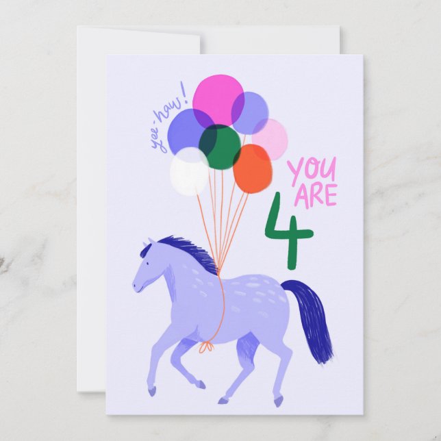 4 års gammaldagskort med häst och ballonger julkort (Framsida)
