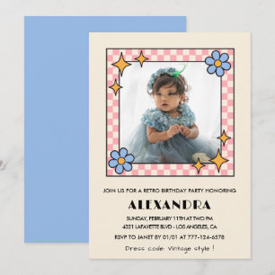 4-års inbjudan Retro Groovy Blå Blommig
