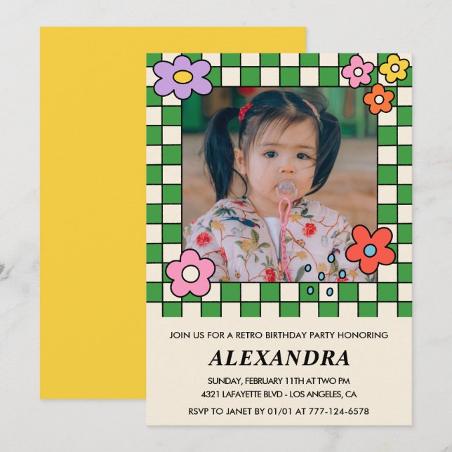 4-års inbjudan Retro Groovy Blommor (Fram/baksida)