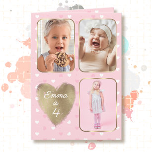 4-årsdag 3 Bildcollage Guld Rosa Hjärtan Kort