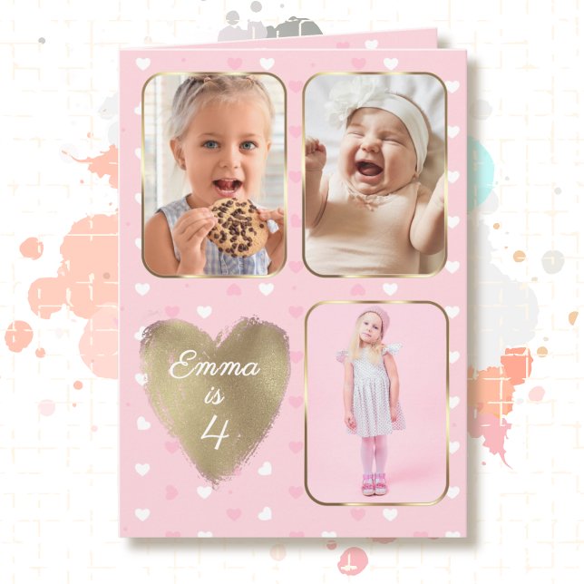 4-årsdag 3 Bildcollage Guld Rosa Hjärtan Kort (Skapare uppladdad)