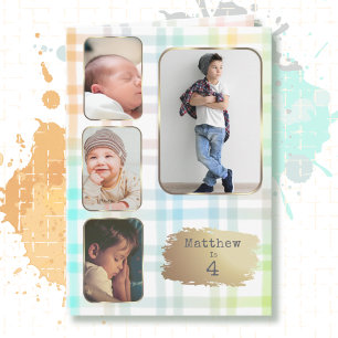 4-årsdag 4 Bild Plaid Watercolor för Pojke Kort