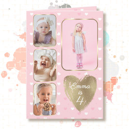 4-årsdag 4 Bildcollage Guld Rosa Hjärtan Kort