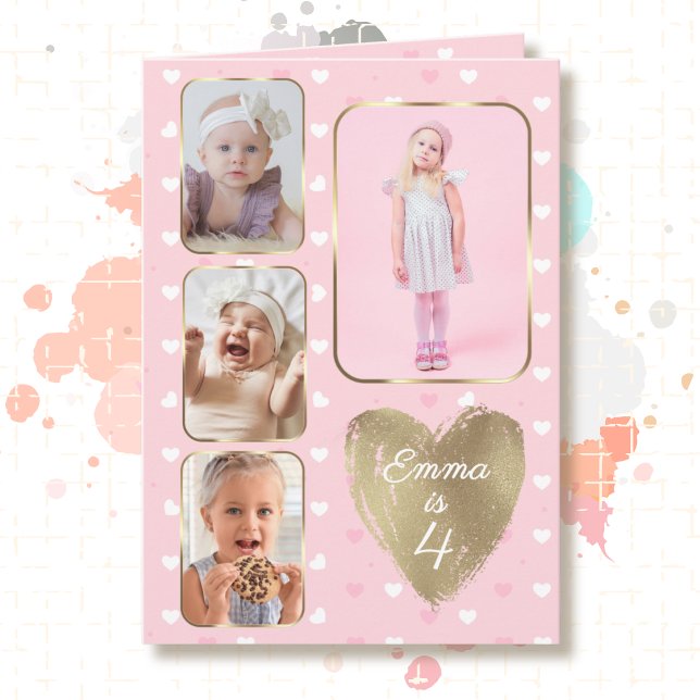 4-årsdag 4 Bildcollage Guld Rosa Hjärtan Kort (Skapare uppladdad)