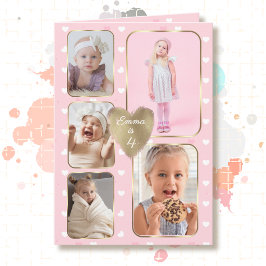 4-årsdag 5 Bildcollage Guld Rosa Hjärtan Kort