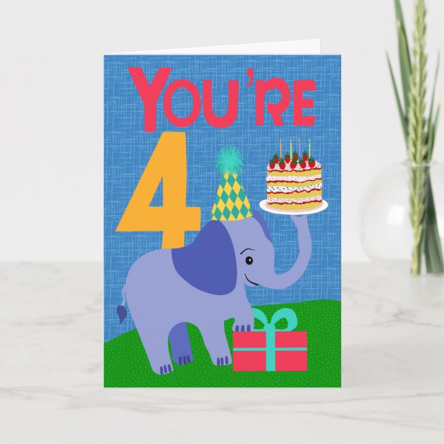 4-årsdag med elefant och tårta kort (Framsida)