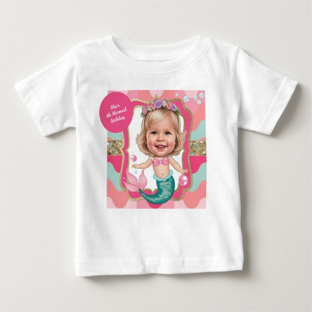 4-årsdag Rosa och Teal Havsfruskarikatyr  T Shirt (Framsida)
