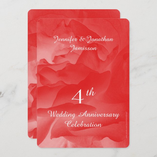 4-årsjubileumsfest, korallrosa kronblad inbjudningar (Fram/baksida)