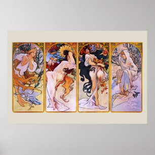 4 Årstider av Alphonse Mucha, Vintage Art Nouveau Poster